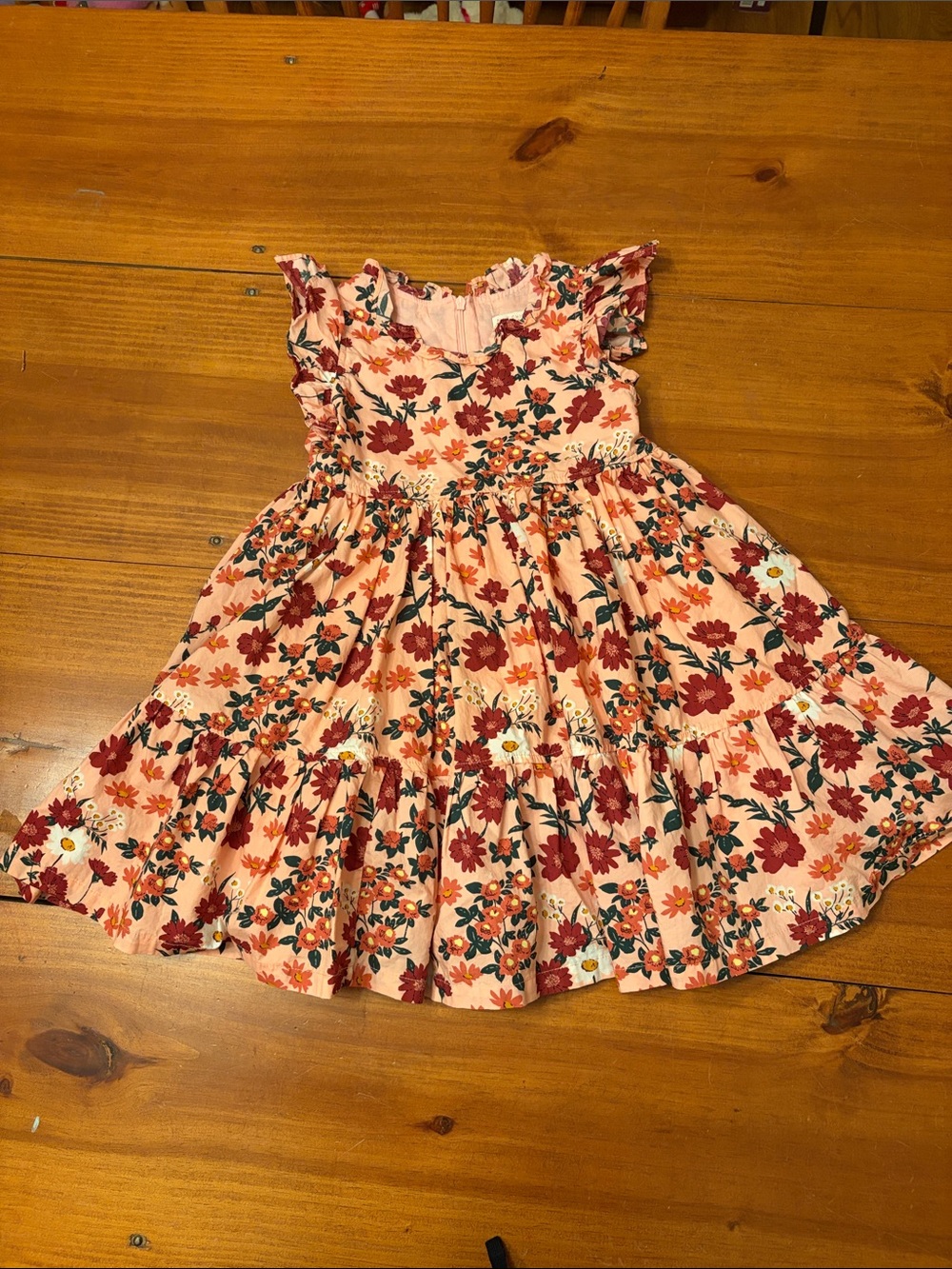 Pink Chicken Peach Floral Ruffle-Sleeve Tiered Dress
